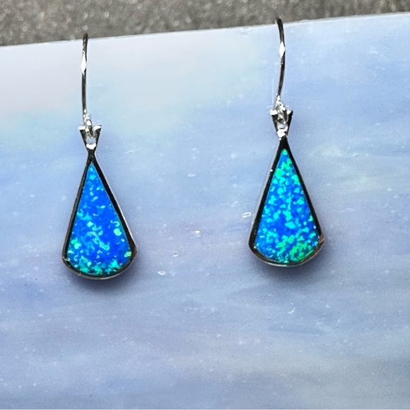 Sterling Silver Blue Opal Inlay Teardrop Dangle Earrings Blue Teardrop 4366 B - Picture 1 of 7
